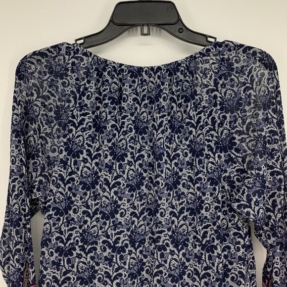 Lizwear Top Blue Floral Printed Long Sleeve Peasant Mesh - Picture 7 of 8